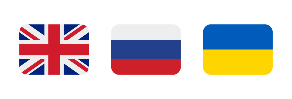englannin, venäjän ja ukrainan liput